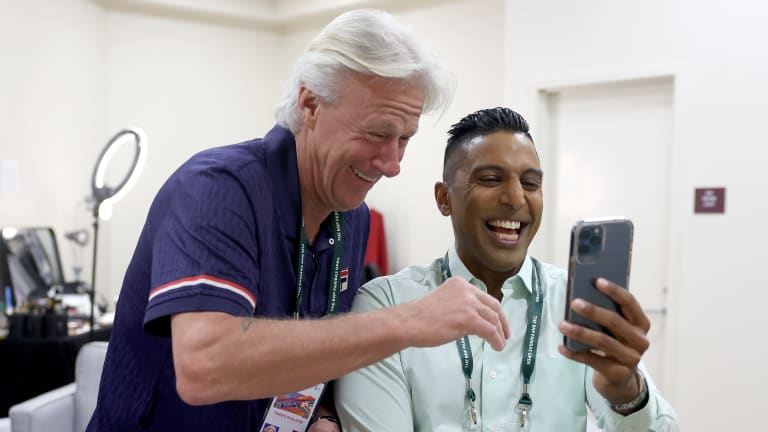 Bjorn Borg and Prakash Amritraj, FaceTime with Vijay during the 2023 BNP Paribas Open at Indian Wells.